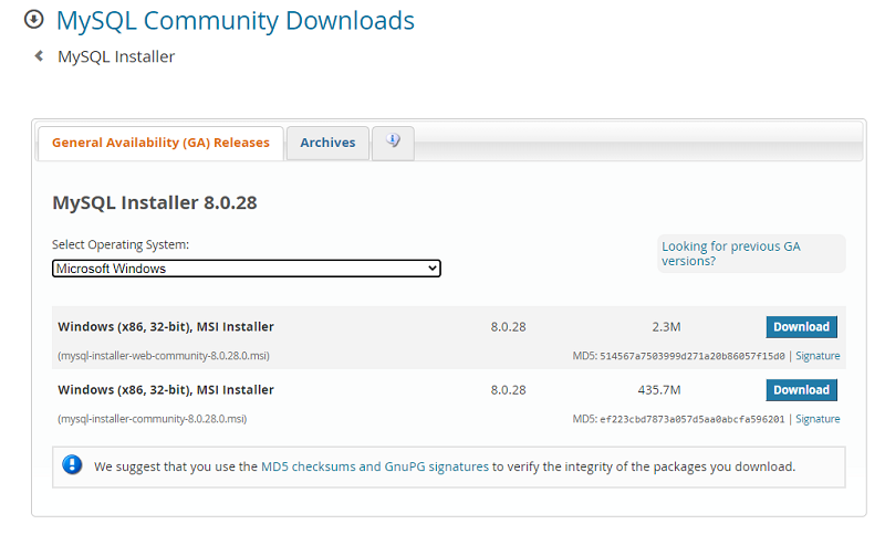 MySql - Select Installer for Windows